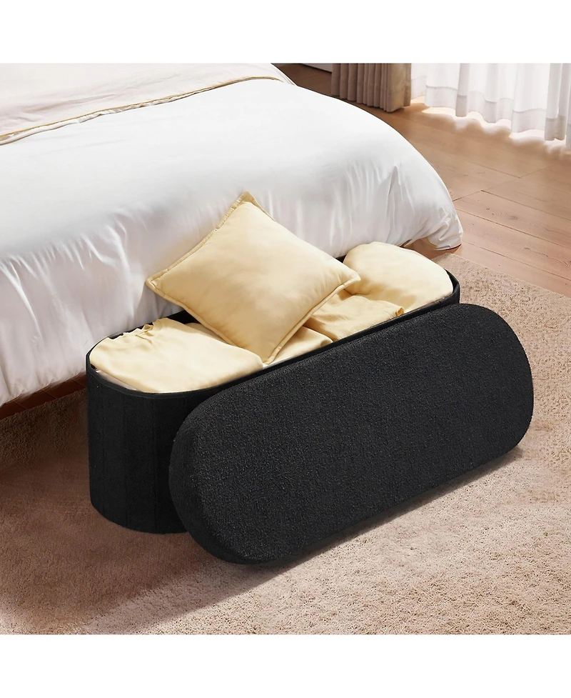 Sugift Oval Storage Ottoman Bench, Foldable Teddy Fleece End of Bed Bench, 660 lbs Capacity