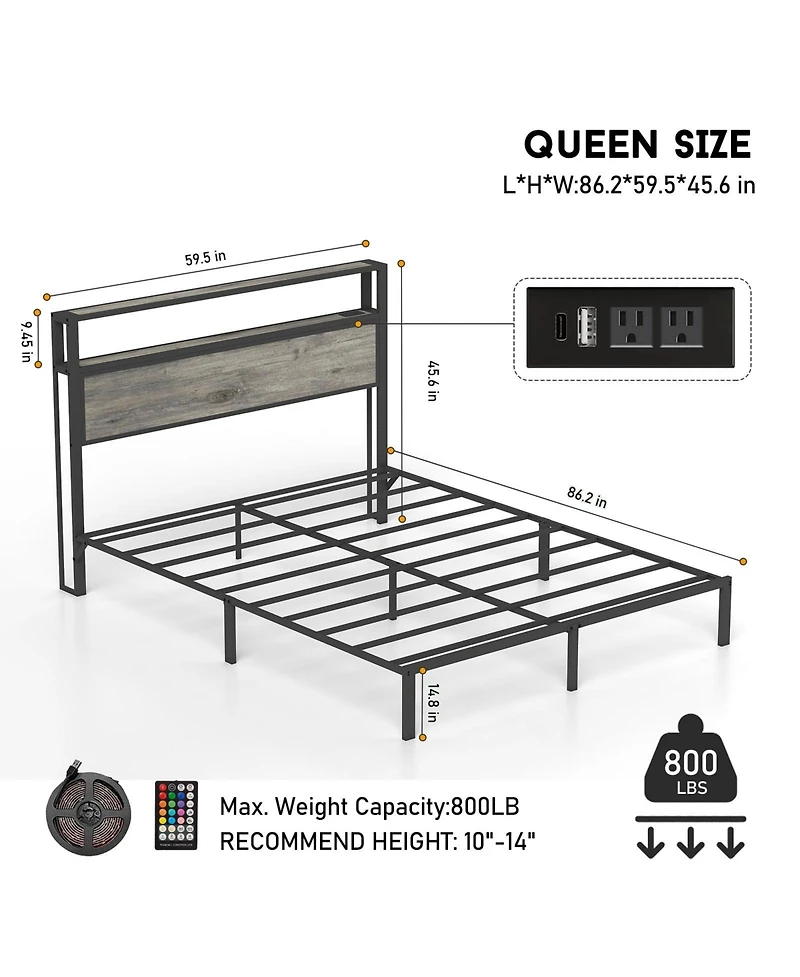 Lucky One Queen Size Bed Frame with Headboard, Rgb Led Light and Charging Station
