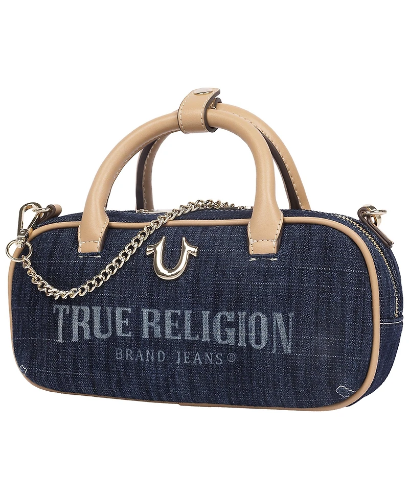 True Religion Bentley Denim and Pu Mini Satchel - Women s Top Handle Crossbody Handbag with Chain Detail