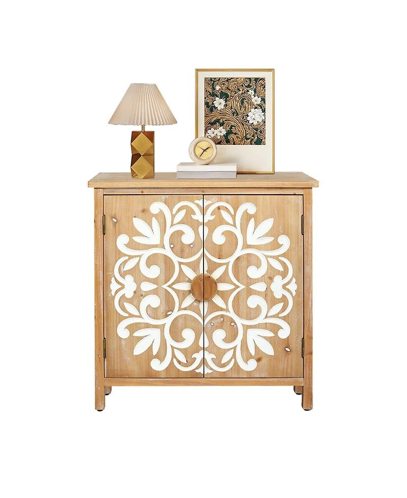 Flynama Rustic Wooden Accent Cabinet Floral Carved 2 Door Storage For Living Room Entryway
