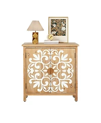 Flynama Rustic Wooden Accent Cabinet Floral Carved 2 Door Storage For Living Room Entryway