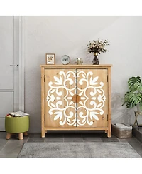 Flynama Rustic Wooden Accent Cabinet Floral Carved 2 Door Storage For Living Room Entryway