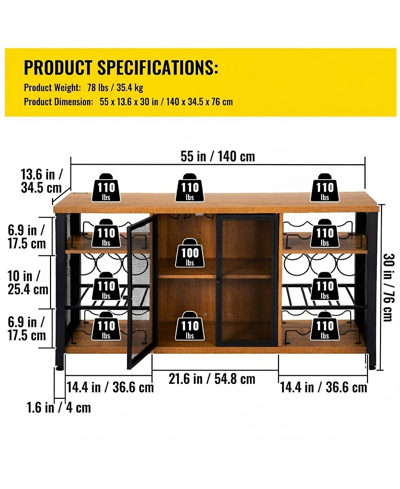 Gouun Industrial Bar Cabinet with Wine Racks and Glass Holders, Metal Mesh Door Sideboard