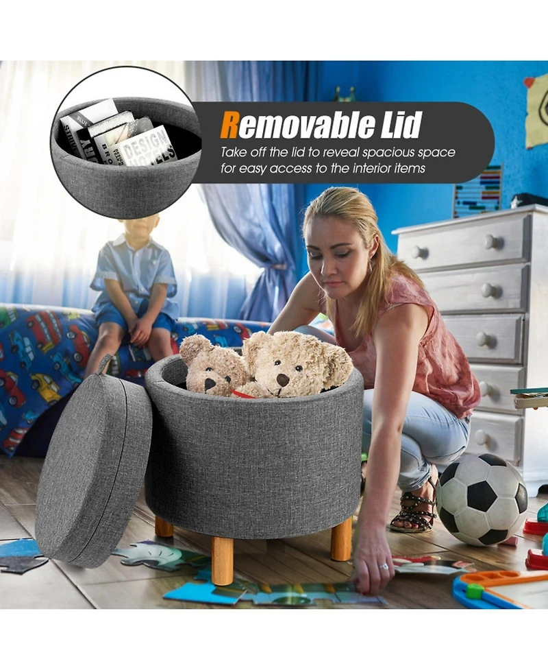 Gouun Round Fabric Storage Ottoman with Removable Tray Lid and Wood Legs