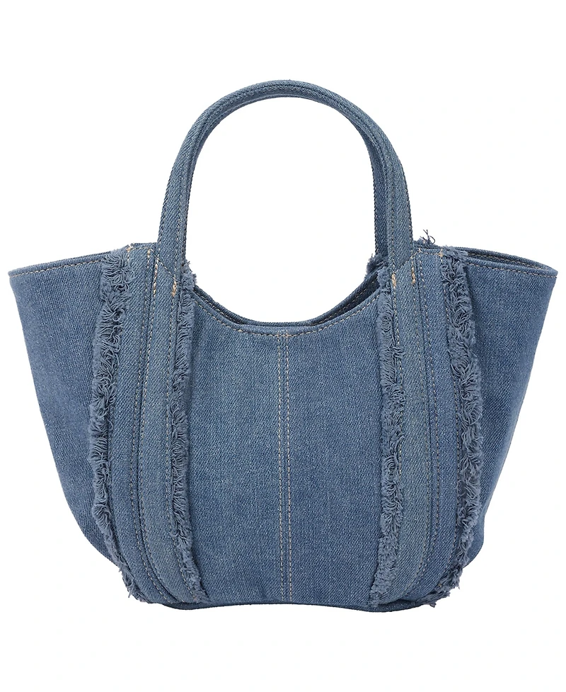 True Religion Atlas Frayed Medium Tote Bag – Denim Carryall with Removable Crossbody Strap