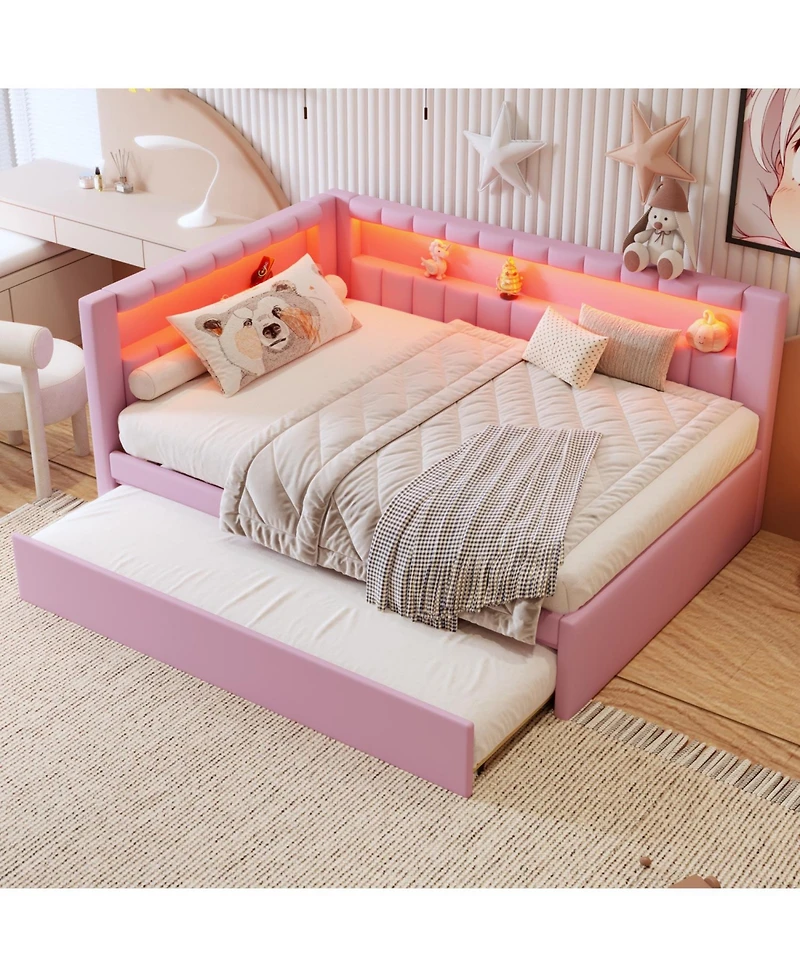 Rainsken Upholstered Daybed with Trundle, Built-in Usb Ports and Led, L-Shaped Day Bed, for Bedroom Living Room