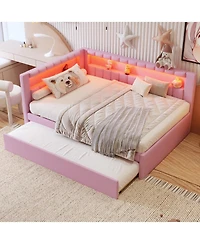 Rainsken Upholstered Daybed with Trundle, Built-in Usb Ports and Led, L-Shaped Day Bed, for Bedroom Living Room