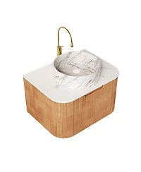 Sillysis Modern Bathroom Vanity with Stone Pattern Ceramic Basin, 3D Striped Wood Drawer, Wall Mounted Storage Cabinet