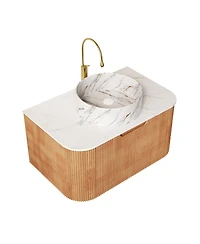 Sillysis Modern Bathroom Vanity with Stone Pattern Ceramic Basin, 3D Striped Wood Drawer, Wall Mounted Storage Cabinet