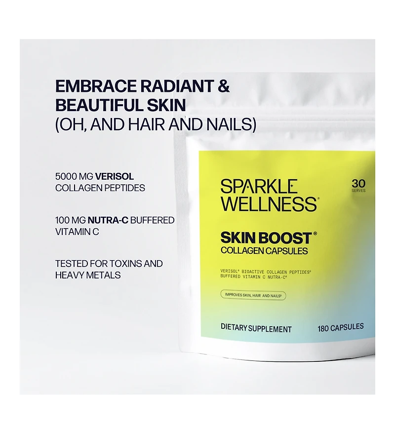 Skin Boost Collagen Capsules (180 Pills) 30 Days of 2500mg Verisol Collagen Peptides & Vitamin C | Improves Skin Elasticity & Appearance of Fine Lines