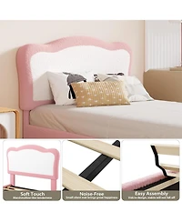 Homfan Boucle Upholstered Kids Bed Frame with Headboard, Wooden Slats