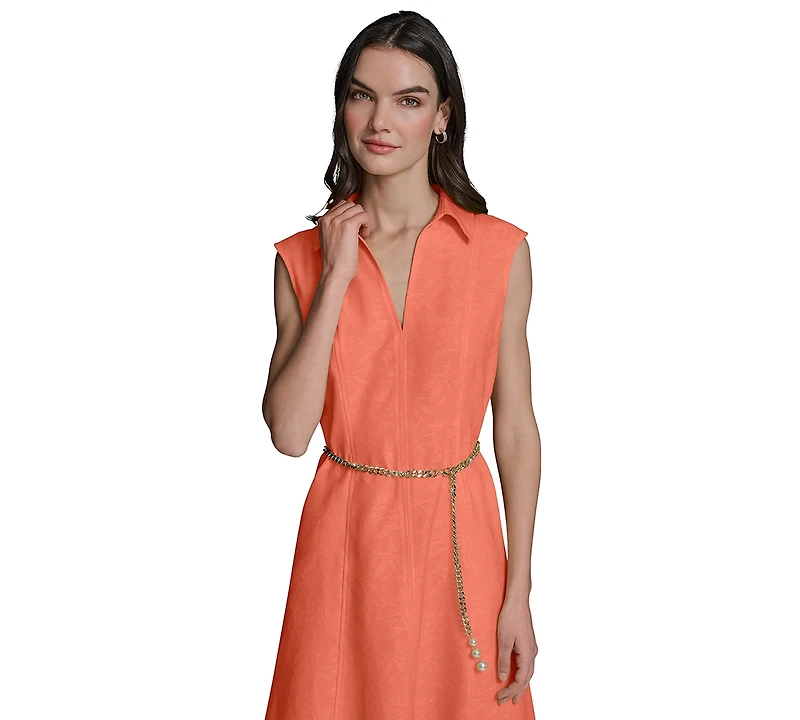 Karl Lagerfeld Paris Women's Collared Chain Belt Midi Dress