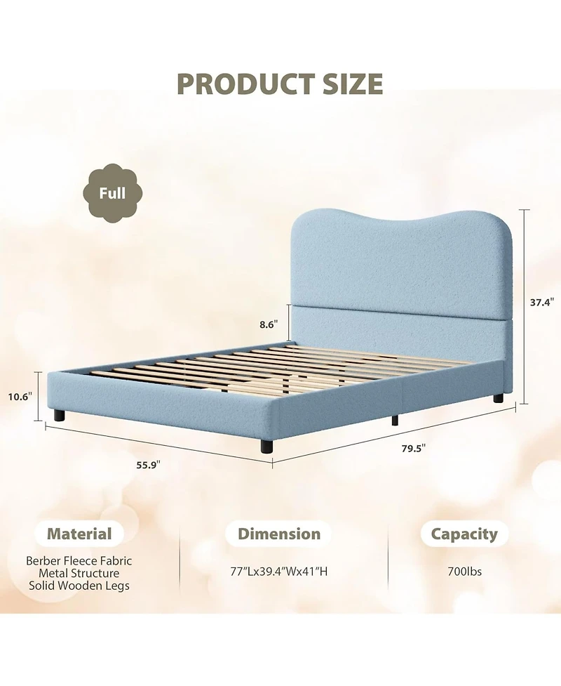 gaomon Boucle Bed Frame with Upholstered Headboard, Soft Low Profile Sturdy Platform Rounded Corners Design