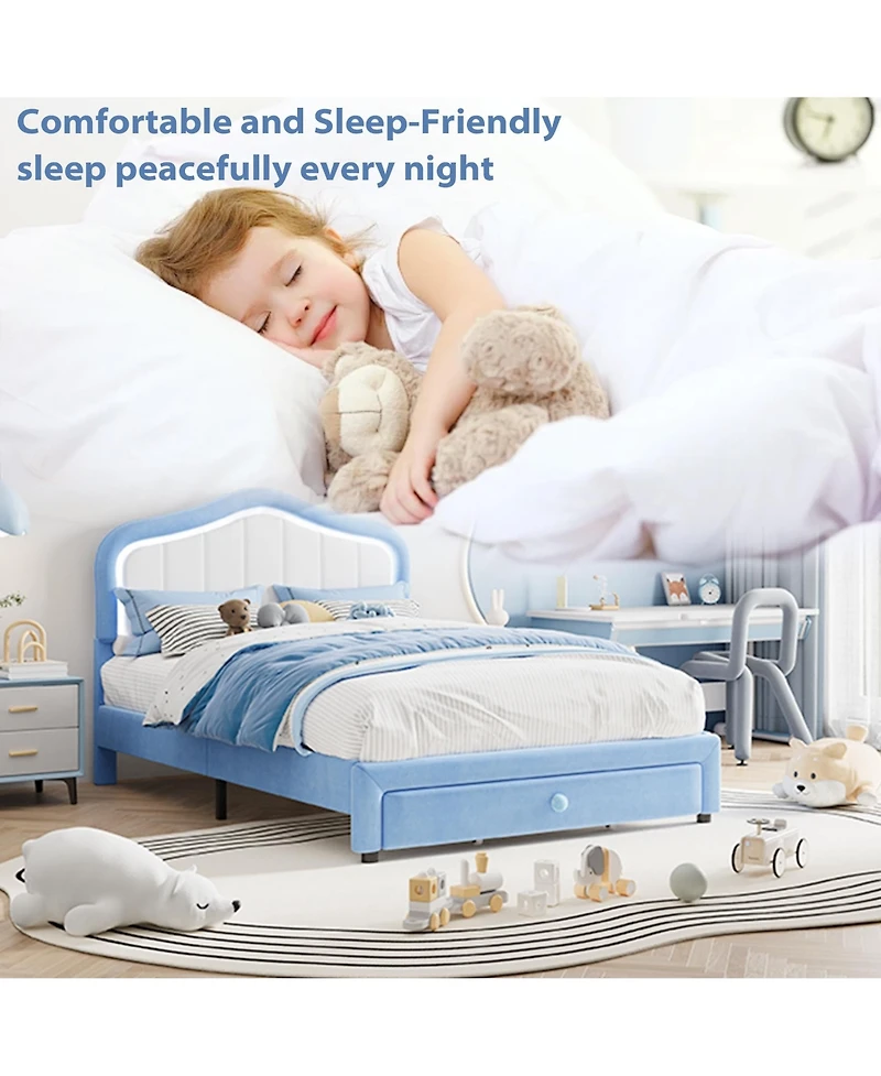 Homfan Upholstered Bed Frame with Storage Drawer and Led Headboard, Wood Slats