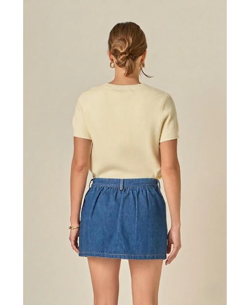 English Factory Women's Short Sleeve Knit Top with Bow Detail