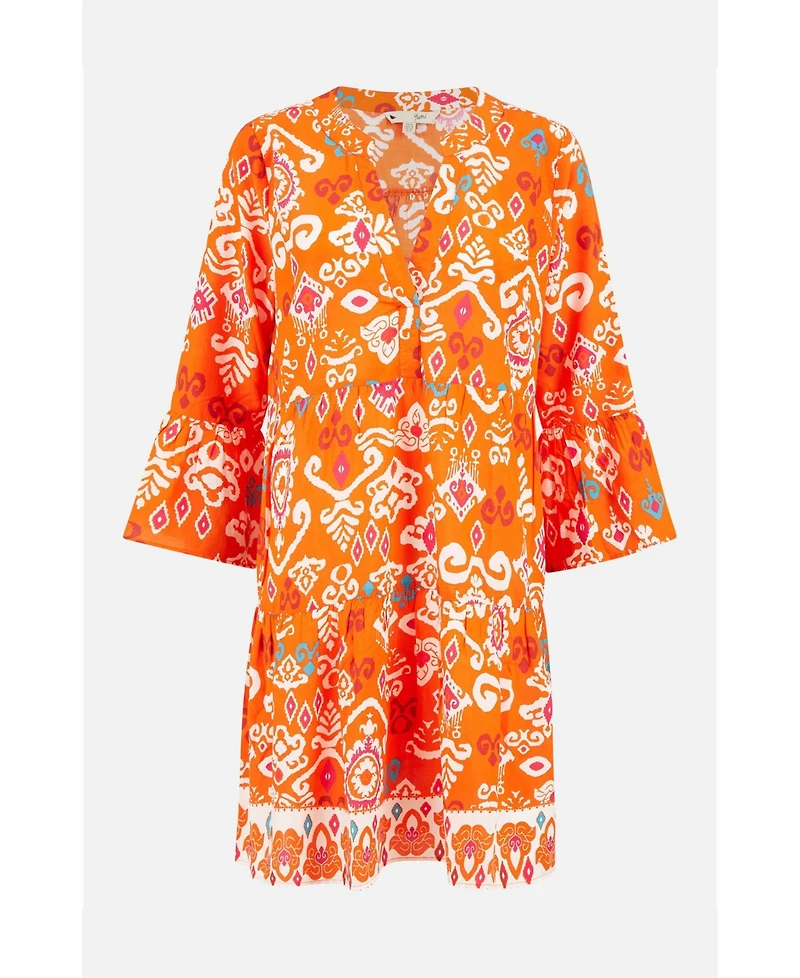 Yumi Women's Ikat Print 3/4 Sleeve Tunic Dress