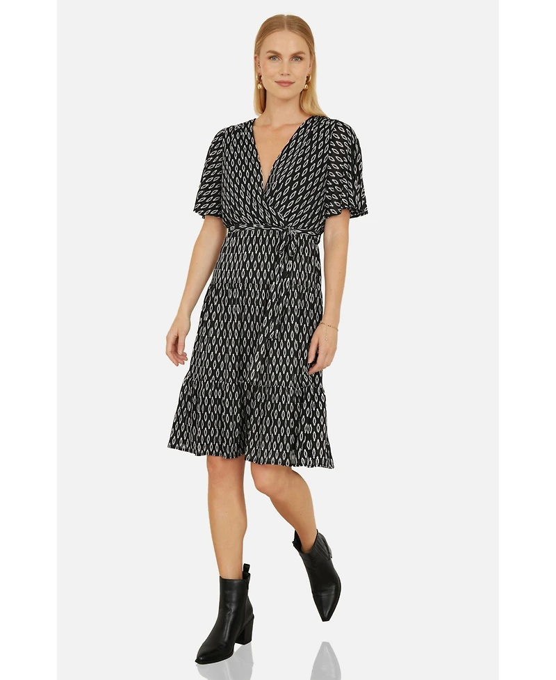 Yumi Women's Short Sleeve Tie Waist Midi Skater Dress