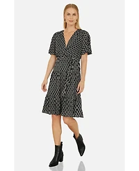 Yumi Women's Short Sleeve Tie Waist Midi Skater Dress