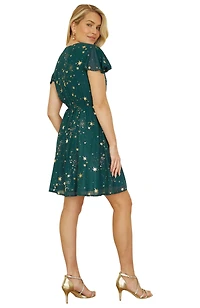Yumi Women's Foil Star Print Wrap Skater Dress