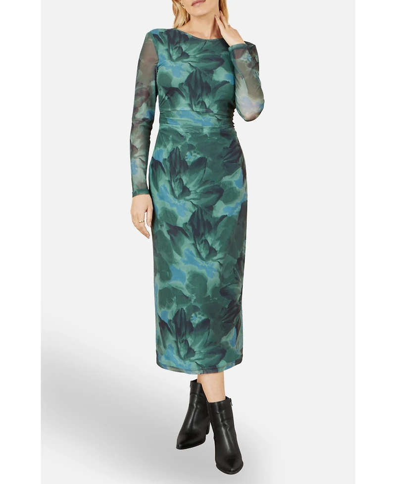 Yumi Women's Floral Mesh With Tie Back Bodycon Dress
