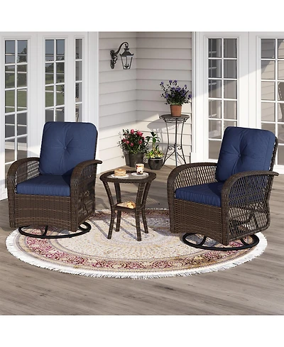 Aoxun Indoor Swivel Glider Chair 3 Piece Set Wicker Rattan Living Room Furniture with Glass Top Side Table