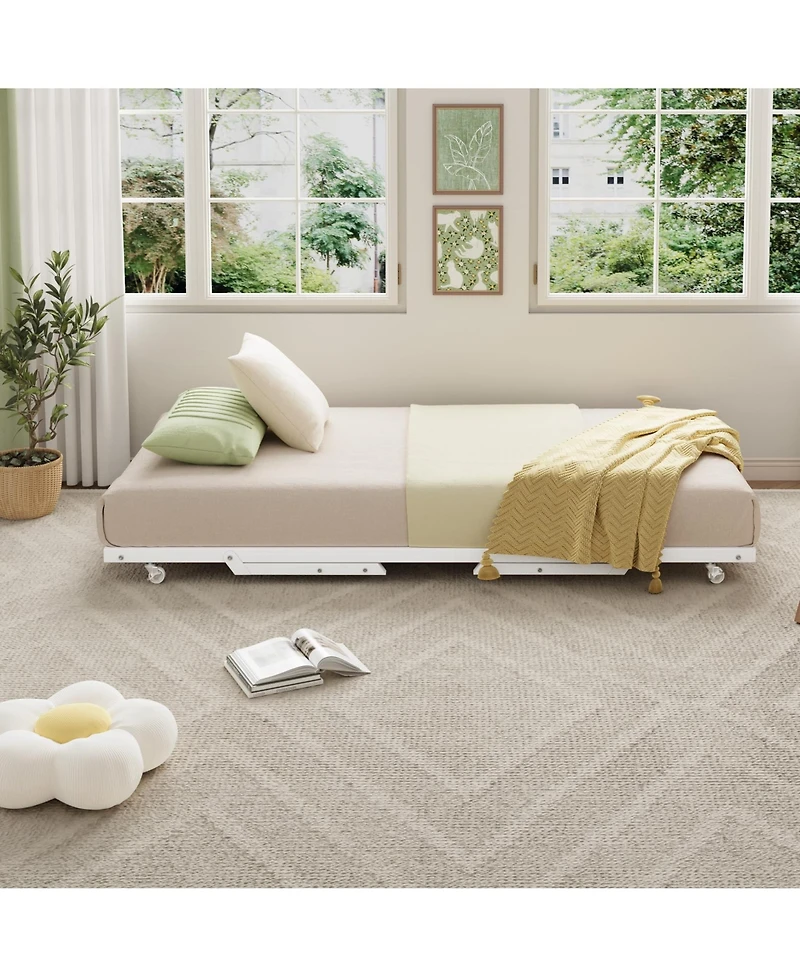 Homfan Pop Up Trundle Bed Frame with Metal Slats, Locking Casters and Folding Legs