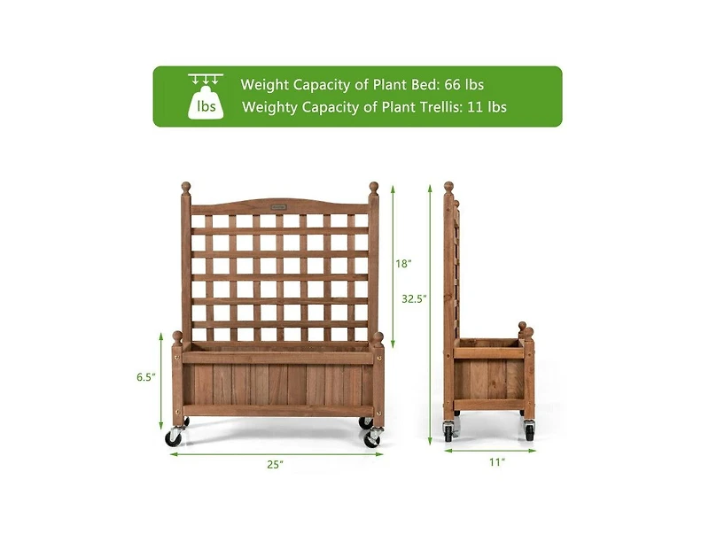 Lucky One 32 Inch Wooden Planter Box with Trellis and Wheels, Raised Garden Bed