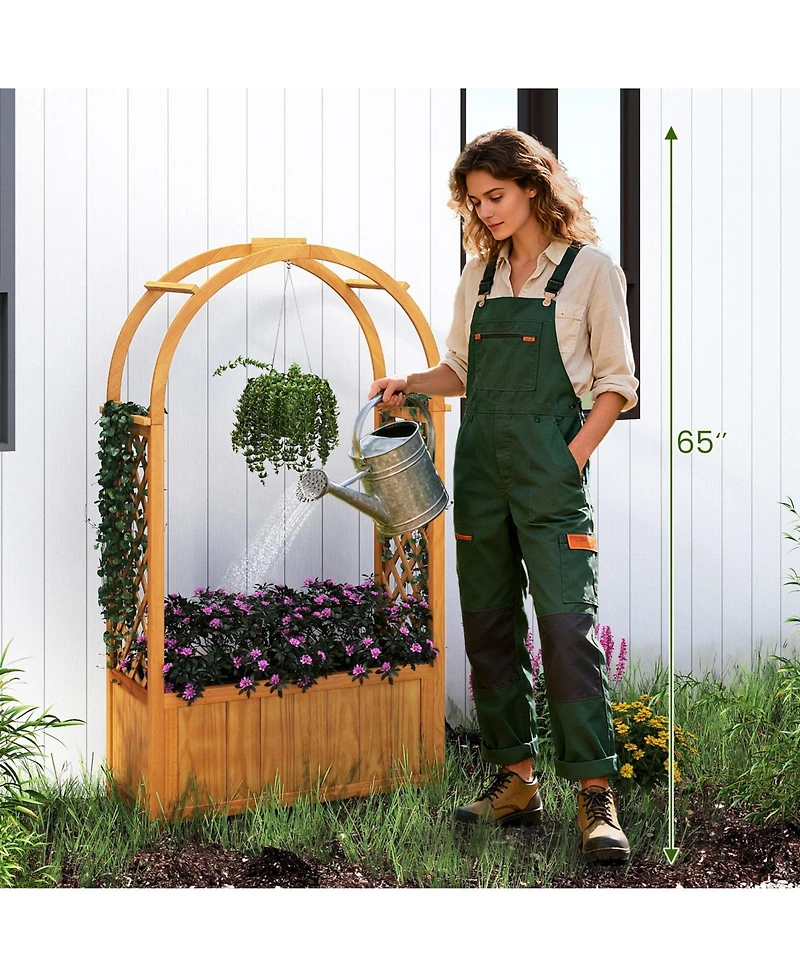 Gymax 2PCS Wooden Raised Garden Bed w/ Lattice Trellis Arched Roof Liner Drainage