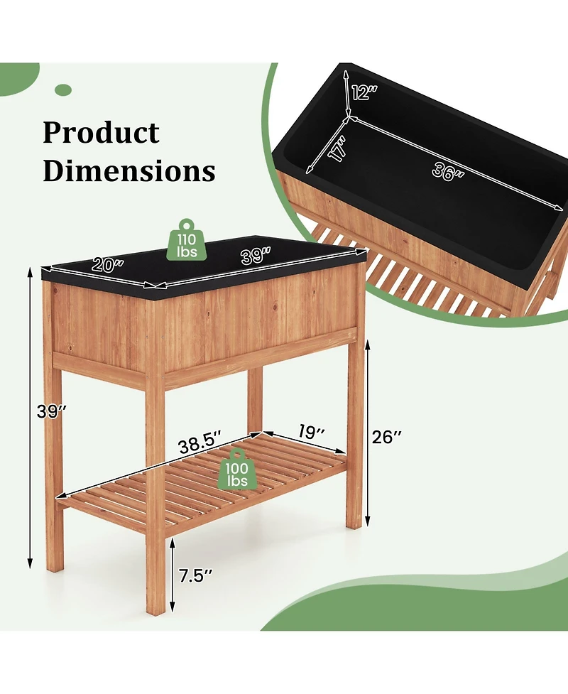 Gymax 2PCS Wooden Raised Garden Bed w/ Legs Liner Storage Shelf Large Planter Box