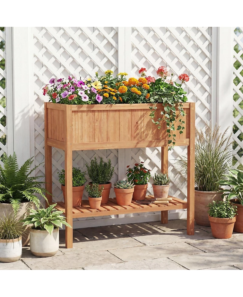 Gymax Wooden Raised Garden Bed w/ Legs Liner Storage Shelf Large Planter Box for Herb
