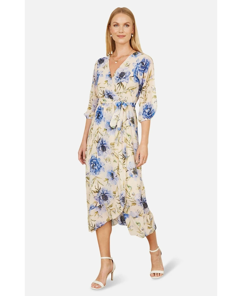 Yumi Women's 3/4 Sleeve V-Neck Wrap Midi Dress