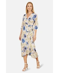 Yumi Women's 3/4 Sleeve V-Neck Wrap Midi Dress