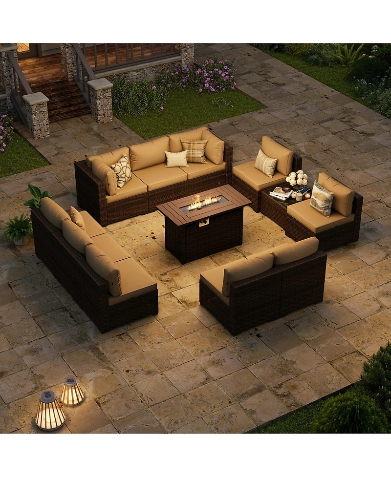 Aoxun 12 Piece Outdoor Wicker Patio Conversation Set with 44 Propane Fire Pit Table and Cushions