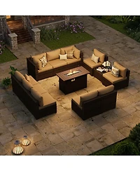 Aoxun 12 Piece Outdoor Wicker Patio Conversation Set with 44 Propane Fire Pit Table and Cushions