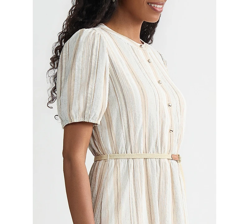 Kasper Women's Striped Puff-Sleeve Midi Shirtdress