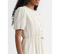 Kasper Women's Striped Puff-Sleeve Midi Shirtdress