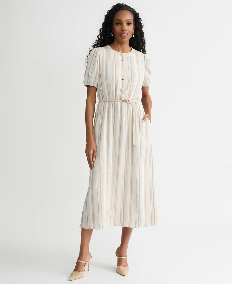 Kasper Women's Striped Puff-Sleeve Midi Shirtdress