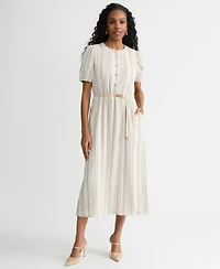 Kasper Women's Striped Puff-Sleeve Midi Shirtdress