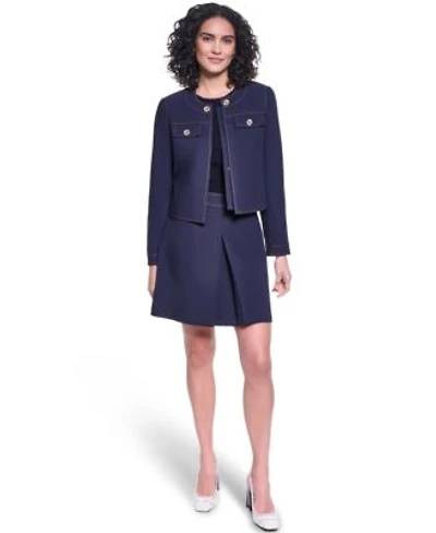 Karl Lagerfeld Paris Womens Twill Contrast Stitch Round Neck Cropped Jacket Invisible Zipper Mini Skirt