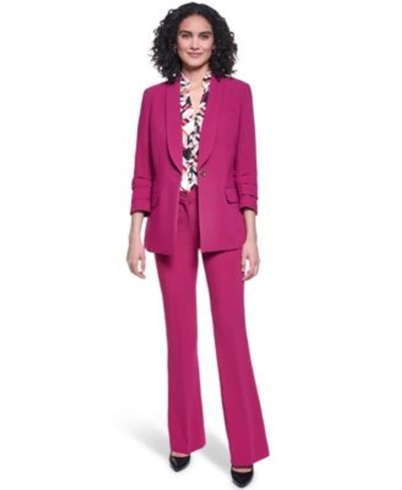 Karl Lagerfeld Paris Womens 3 4 Sleeve Shoulder Padded One Button Blazer V Neck Sleeveless Geometric Blouse Mid Rise Flare Pants
