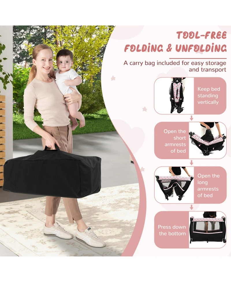 Gouun Baby Portable 4-in-1 Pack and Play Nursery Center with Bassinet and Canopy