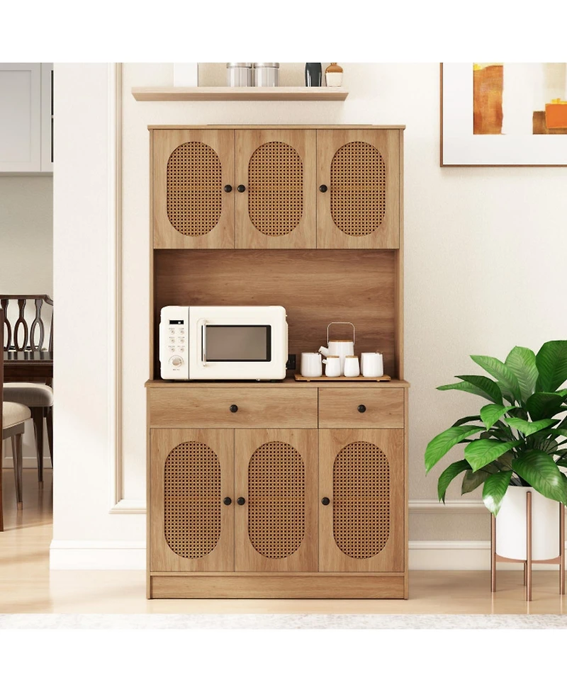 Gouun 71 in Pantry Cabinet with Pe Rattan Doors, Hutch and Built-In Charging Station