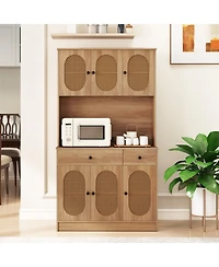 Gouun 71 in Pantry Cabinet with Pe Rattan Doors, Hutch and Built-In Charging Station