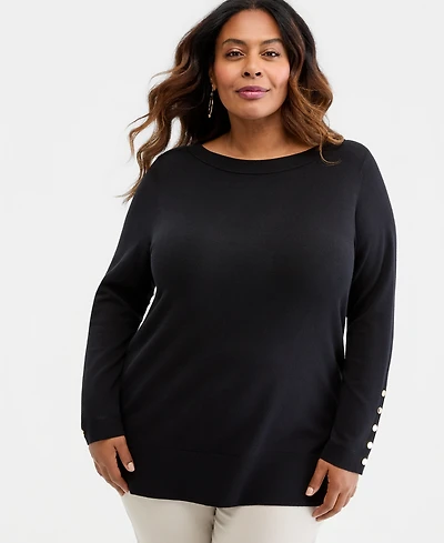 Jm Collection Plus Boat-Neck Button-Sleeve Sweater, Macy's Exclusive