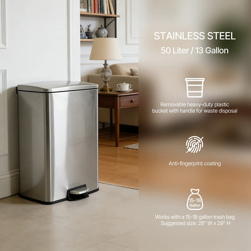 Mega Casa 13 Gal./50 Liter Rectangular Stainless Steel Step-on Trash Can for Kitchen