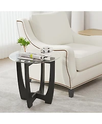 Gymax 2Piece 23.5'' Round End Table w/Glass Tabletop Cross-shaped Solid Rubber Wood Frame