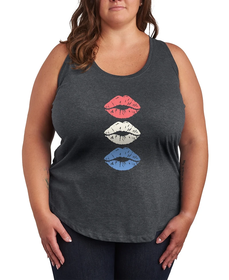 Hybrid Apparel Plus Size Instant Message Red White Blue Lips Racerback Graphic Tank Top