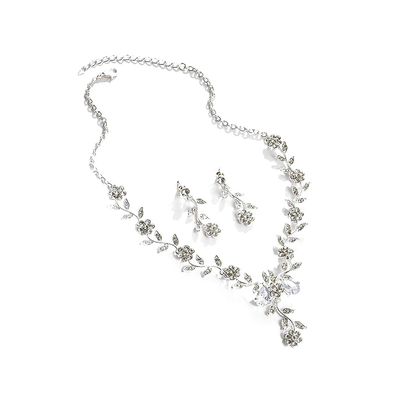 Sohi Women's Silver Intricate Embelished Flora Necklace And Earrings (Set Of 2)