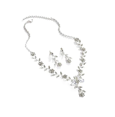 Sohi Women's Silver Intricate Embelished Flora Necklace And Earrings (Set Of 2)