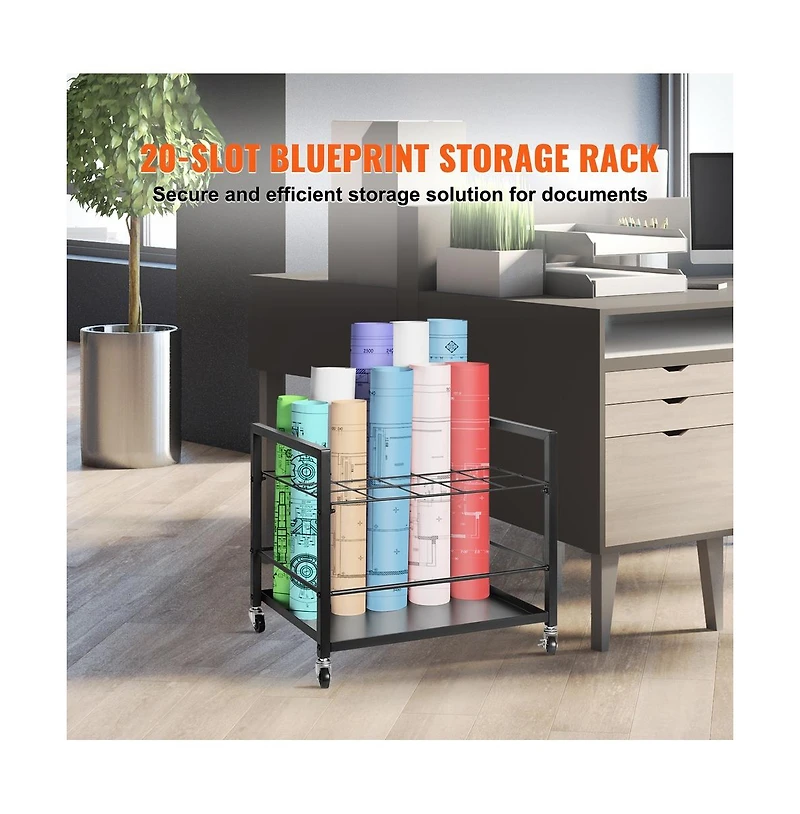 Sugift 20-Slot Mobile Blueprint Storage Rack with Locking Wheels for Architectural Plans and Poster Rolls